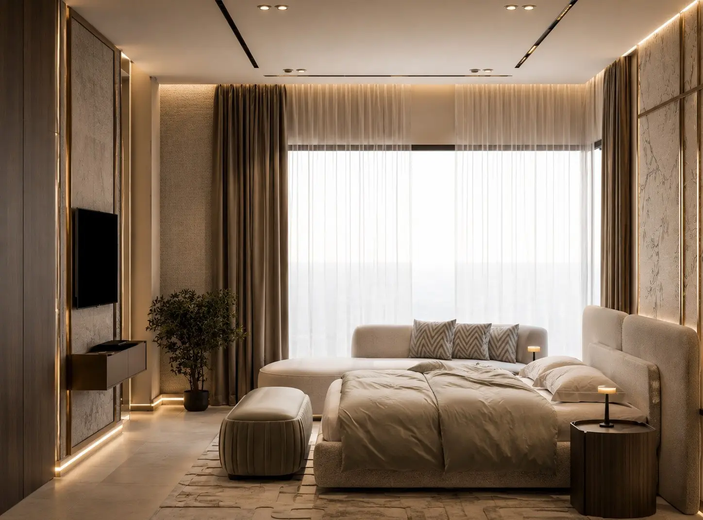Layered bedroom textiles and custom curtains